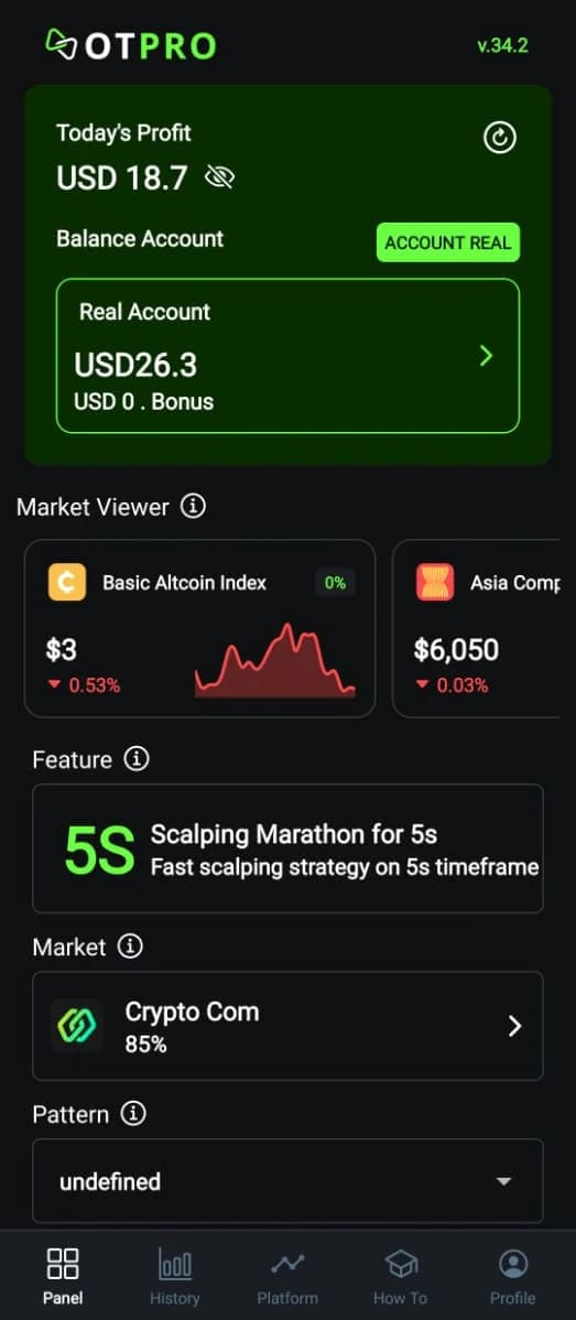 OtPro app dashboard showing today's profit, the real account balance, Market Viewer and the Scalping Marathon 5s feature